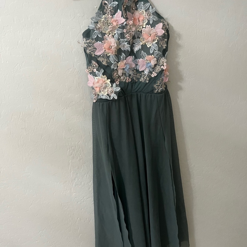 Floral Embroidered Halter Dress in Green and Pink